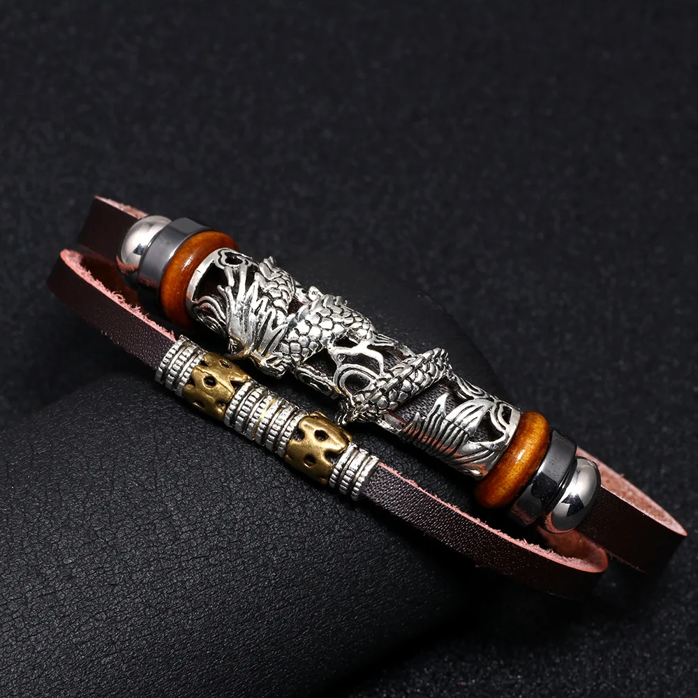 SIZZZ мужской этнический стиль китайский дракон нержавеющая сталь кожаный браслет с пряжкой и браслеты для мужчин
