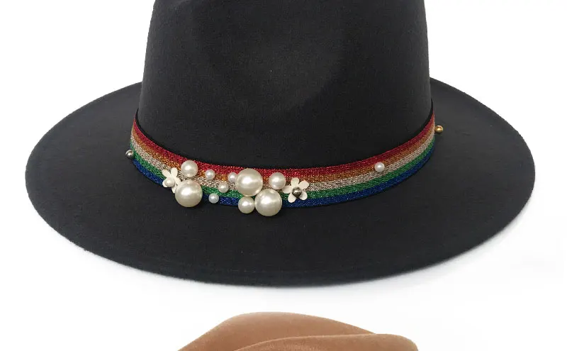 YY beauty Fedora для женщин Радужная жемчужина лента Джаз Панама широкополый Трилби фетровая шляпа Классическая британская Осенняя шляпка для церкви FD19011