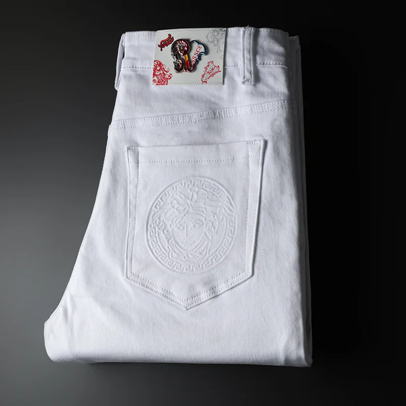 

Europe And America Popular Brand Medusa Jeans Men's Pure Cotton White Casual Net Version pencil pants Youth Men's Trousers Fashi