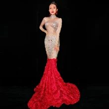 Женский сексуальный наряд для клубного выпускного вечера с длинным шлейфом, красное вечернее платье, стразы, для дня рождения, вечеринки, для шоу звезд, официальный костюм, одежда