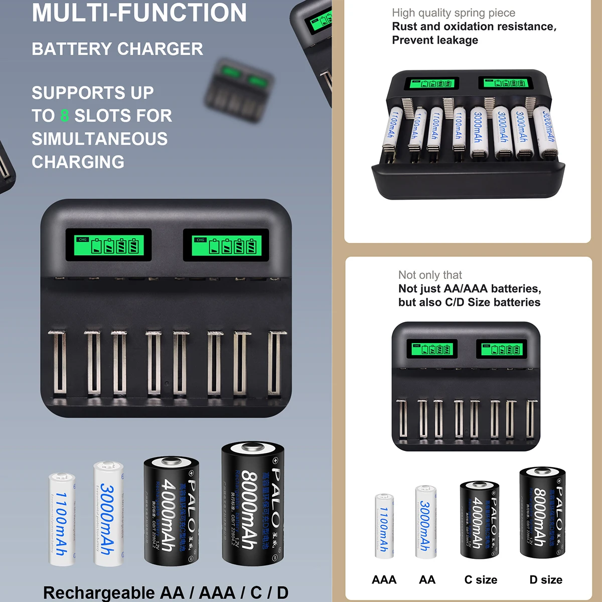 SOONHUA 8 слотов ЖК-дисплей USB умное зарядное устройство для AA AAA C D Размер перезаряжаемая батарея