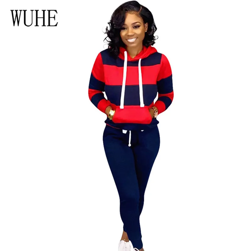 WUHE Retro Bodycon Two Pieces Sets Hooded Crop Top and Skinny Pants Elegant Striped Tie-up Casual Go Out Playsuits Plus Size 3XL