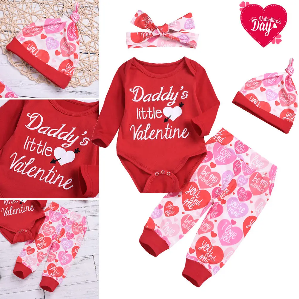 Одежда для новорожденных мальчиков и девочек с надписью «My 1st Valentine», модные топы, комбинезон+ штаны, комплект с шапочкой - Цвет: Красный