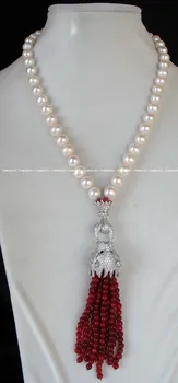 

wholesale 9-10mm white round freshwater pearl and inlay CZ leopard clasp 4mm red agates necklace 18"