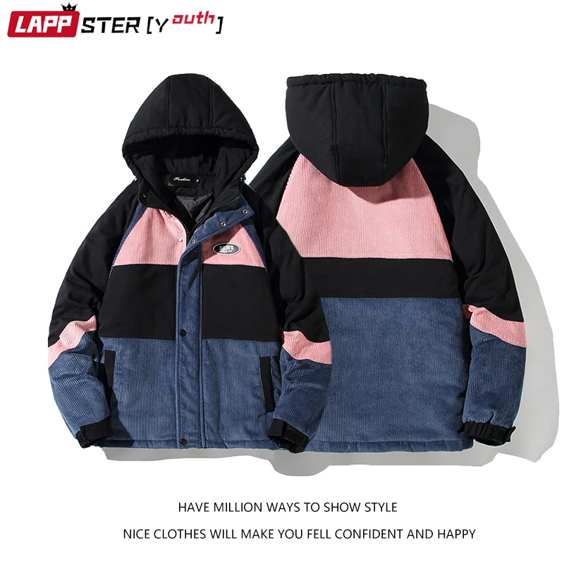 

LAPPSTER-Youth Men Patchwork Hooded Corduroy Jackets Coats 2023 Mens Winter Black Couple Vinatge Parkas Male Casual Fashion Coat