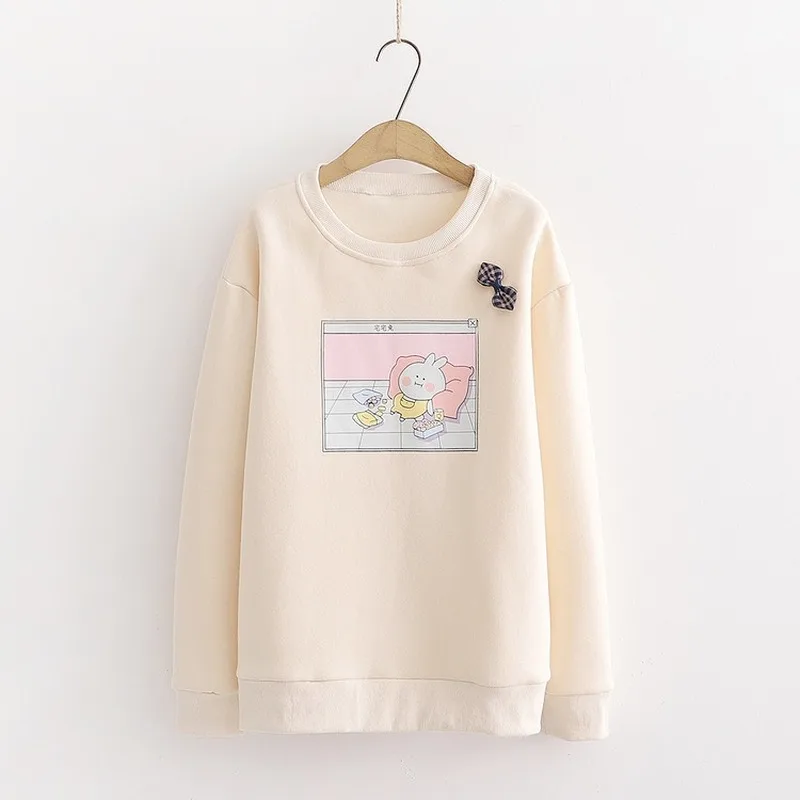 Новые осенние милые флисовые свитшоты Kawaii, женские повседневные теплые толстовки с принтом кролика, свободные топы для студентов