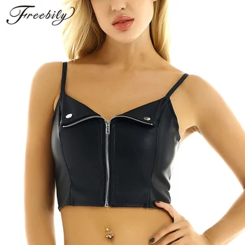 

Women Black PU Leather Spaghetti Straps V-neck Camisole Sexy Tops Festival Rave Nightclub Party Dance Costume Crop Top