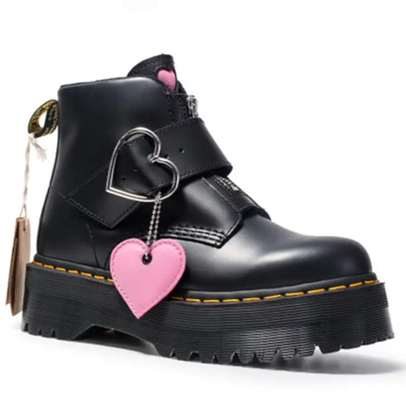 

Women Boots Genuine Leather Thick heel shoes Black Boots heart shape buckle boots Ankle Motorcycle Shoes Platform