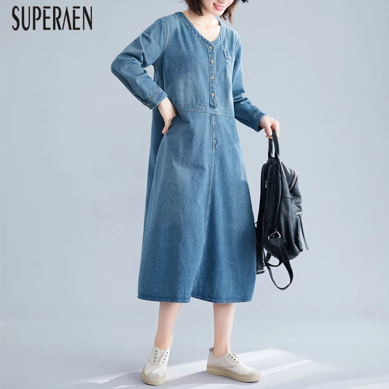 SuperAen, джинсовое платье с длинным рукавом, женское, одноцветное, повседневное, женское платье с v-образным вырезом, осенняя Новинка, корейский стиль, женская одежда