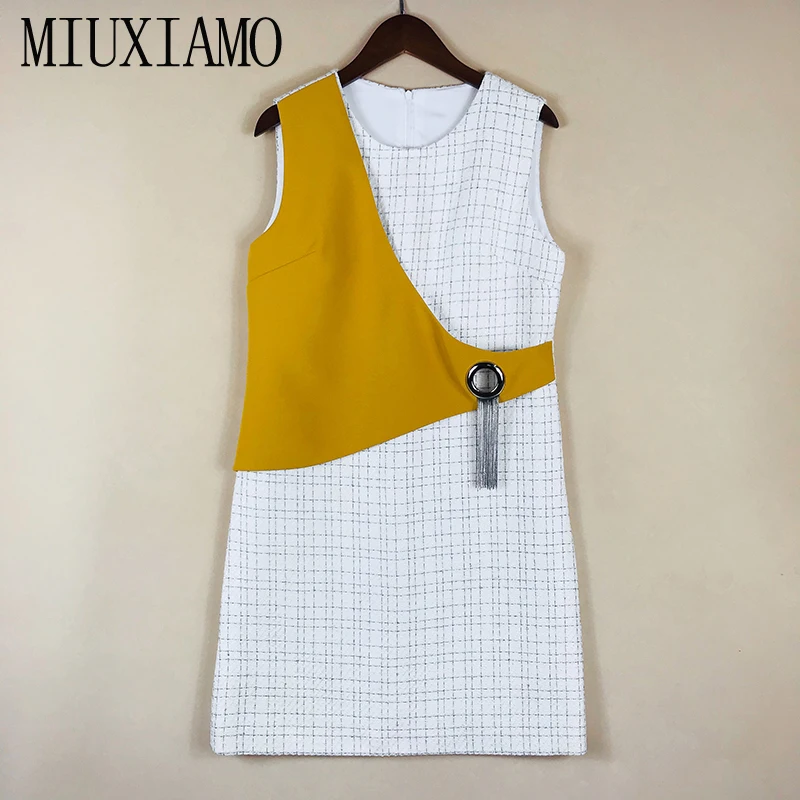 MIUXIMAO, высокое качество,, осеннее платье, новейшее, для офиса, для девушек, модное, без рукавов, твидовое, складное, Повседневное платье, для женщин, Vestidos - Цвет: Серый