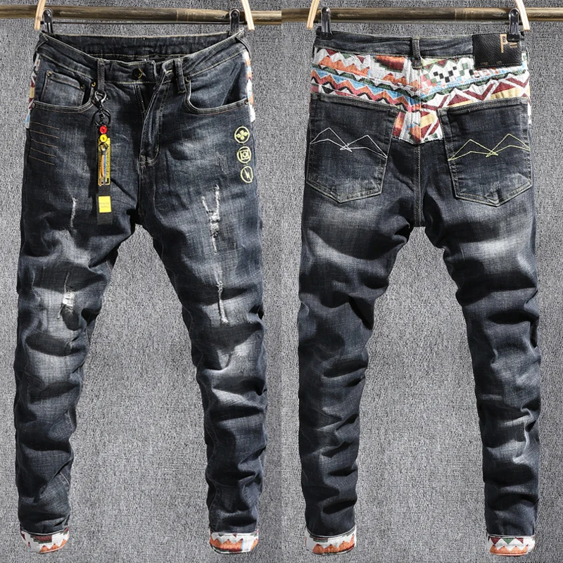 

Japanese Style Fashion Men Jeans Elastic Slim Fit Patchwork Embroidery Designer Denim Pants Hombre Streetwear Hip Hop Trousers