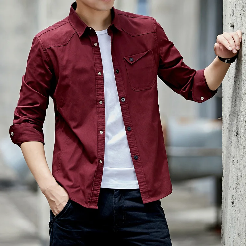 red Casual Shirt Мужские рубашки, повседневная хлопковая рубашка в стиле милитари, Красная приталенная винтажная куртка с карманом и длинным рукавом, уличная одежда, Прямая поставка - Цвет: red Casual Shirt