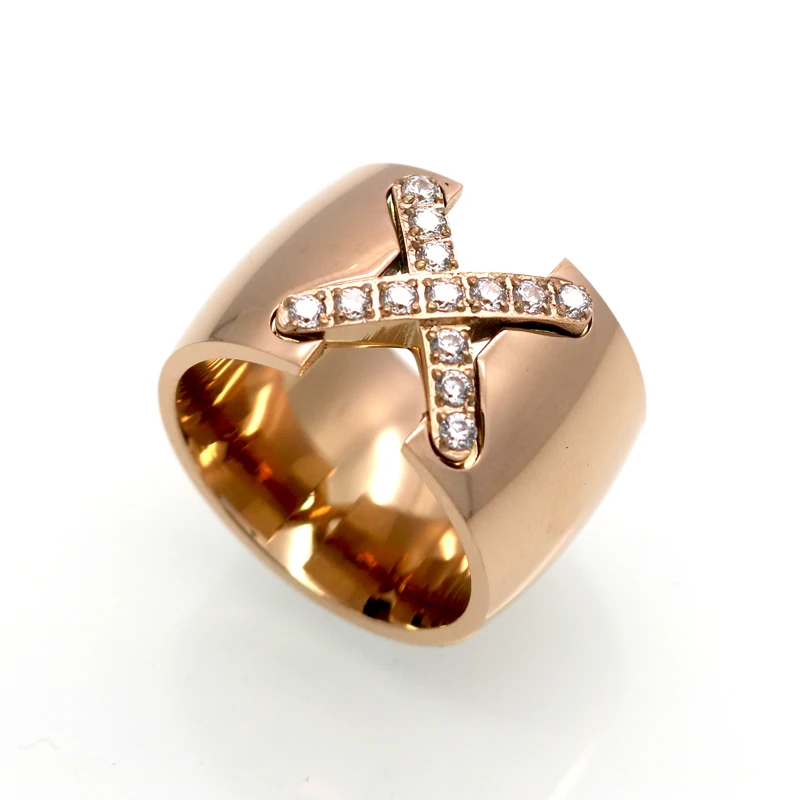Gold Color Ring Bijoux 14mm Width Big Pave Setting CZ Cross X Ring Women Trendy Crystal Jewelry Gift 1pc