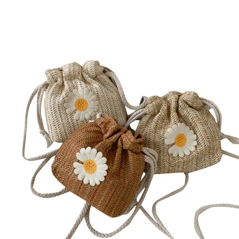 

Women Bucket Bag Daisy Embroidery Straw Weaven Summer Beach Bag Wild Style Crossbody Bags with Drawstring Mini Messenger Bags