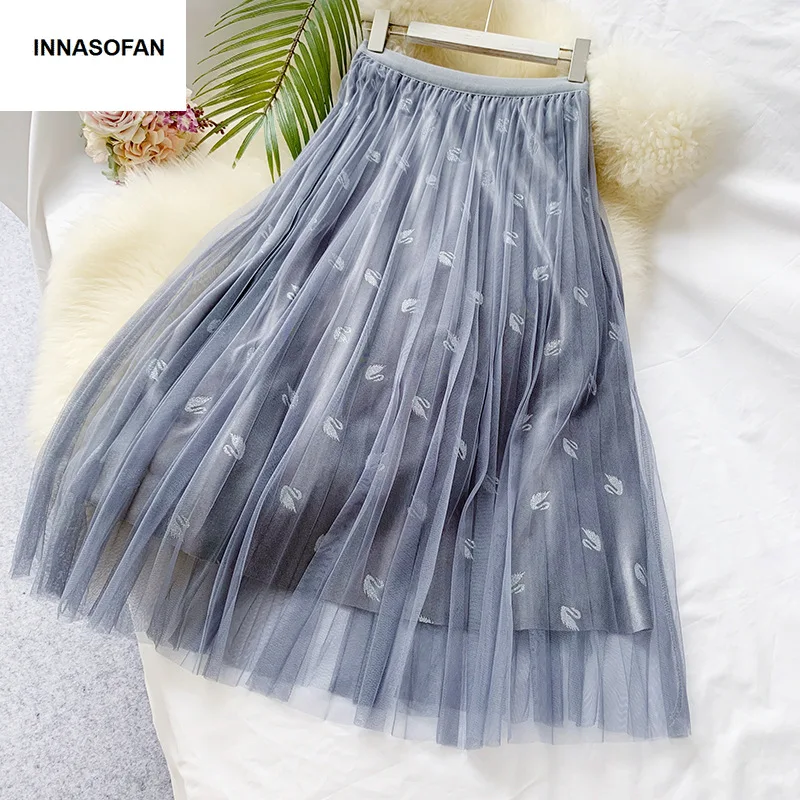 INNASOFAN, плиссированная Тюлевая бархатная юбка, Женская Осенняя Весенняя длинная юбка, высокая талия, Модная элегантная юбка