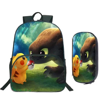 

Pikachu Backpack Pencil Case How to Train Your Dragon 2Pcs School Shoulder Bags Stitch Book Bags Back to School Gift for Student