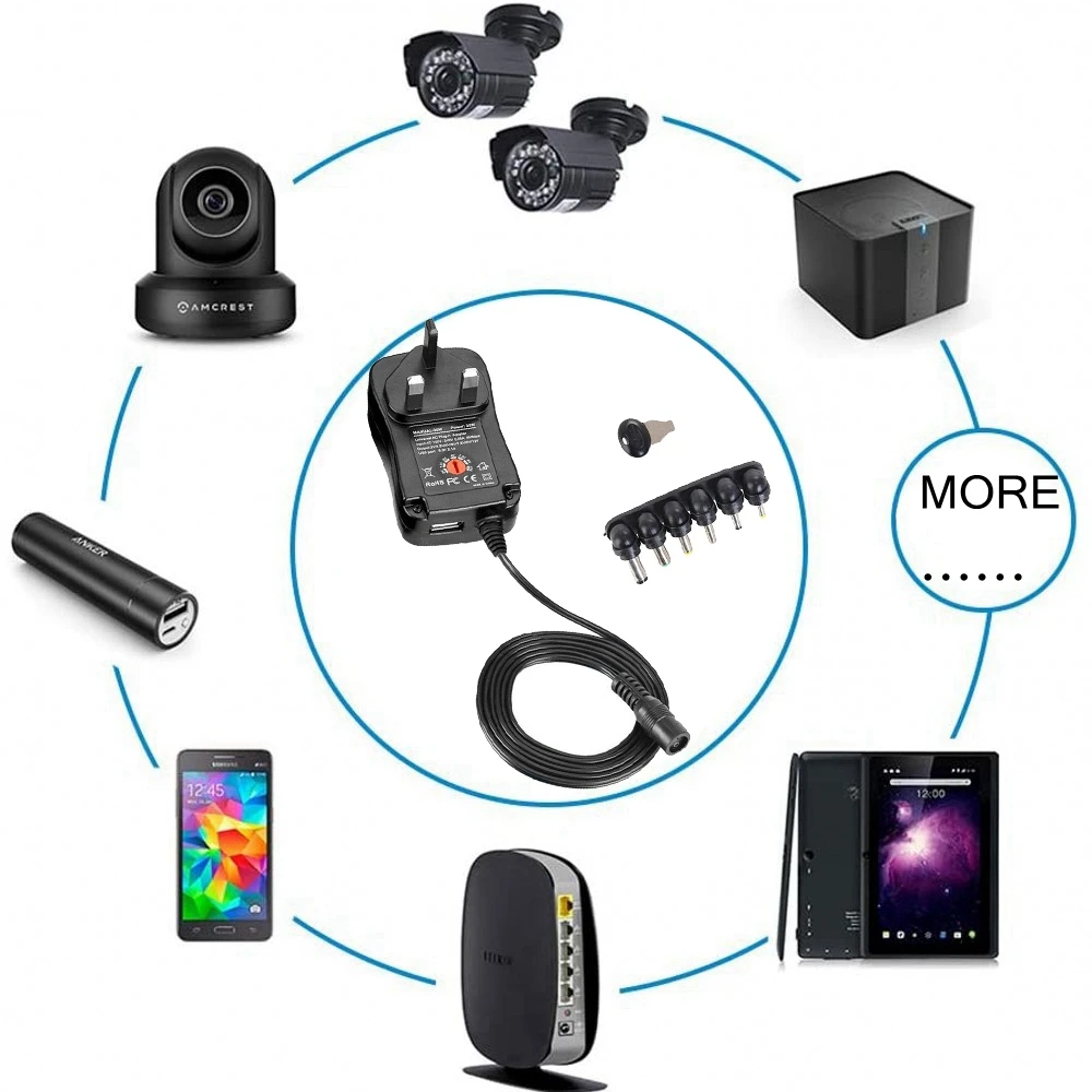 범용 전원 어댑터, AC DC 충전기, 전원 컨버터, USB 포트, 6 개 잭 커넥터, 3V, 4.5V, 5V, 6V, 7.5V, 9V, 12V, 5V, 2.1A, 30W
