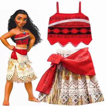 2019 Girls Moana Cosplay Costume for Kids Vaiana Princess Dress Clothes with Necklace for Halloween