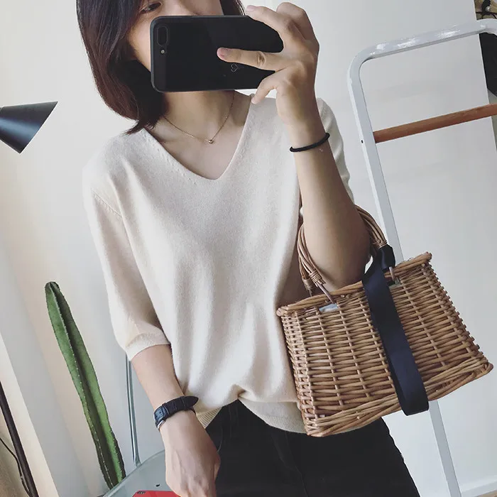 

New website ~ summer han edition contracted v-neck joker sets loose pure color sleeve leisure render unlined upper garment of go
