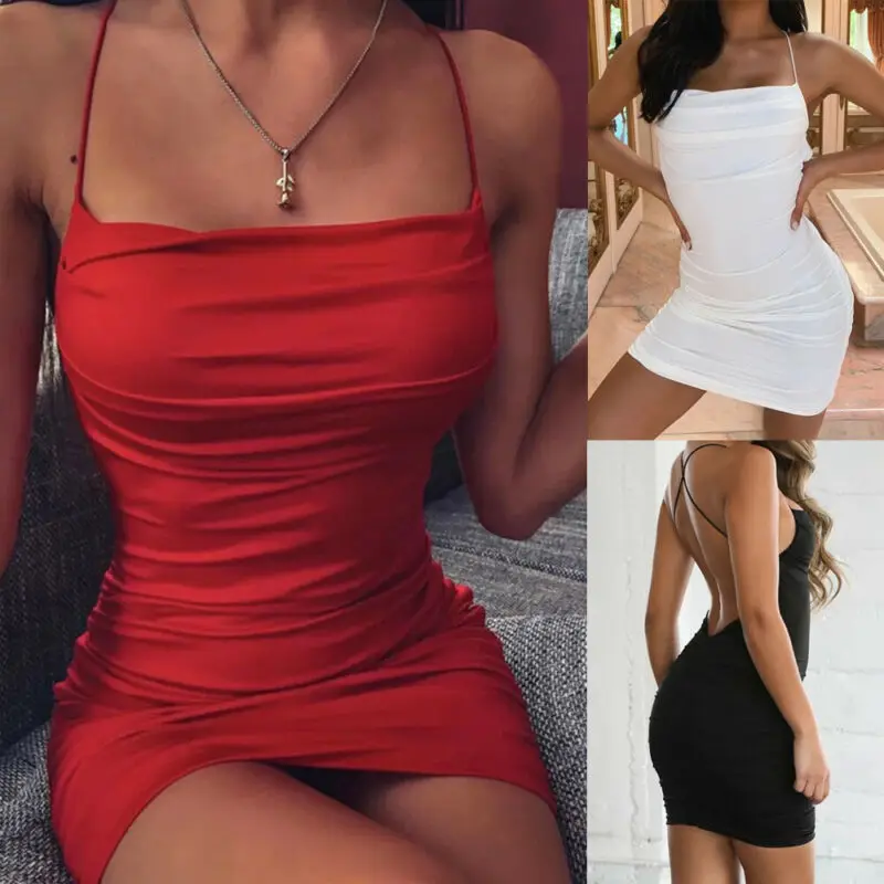 Women Dress Sexy Sleeveless Solid Backless Slim Fit Wrap Bodycon Sling Dress Ladies Club Mini Dress