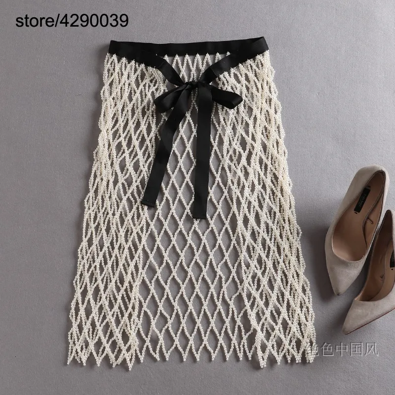 Цельный тяжелый промышленный ручной работы имитация жемчуга выдалбливают юбку снаружи Винтаж Сетки Фартук прилива юбки