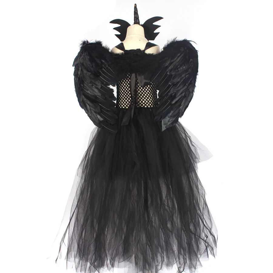 Black Fallen Angel Halloween Fancy Girls Tutu Dress V-neck Train Kids Cosplay Birthday Party Ball Gown Dress with Wings Costume (9)