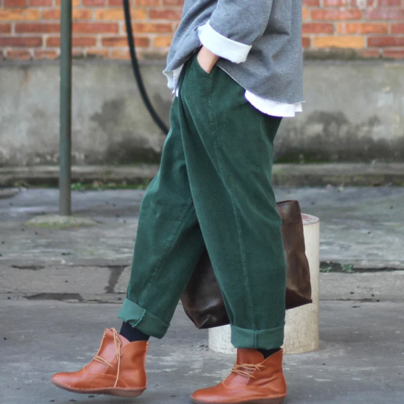 NINI WONDERLAND 2021 Autumn Cotton Corduroy Vintage Pants Women Elastic Waist Casual Harem Spring Solid Loose Trousers | Женская одежда
