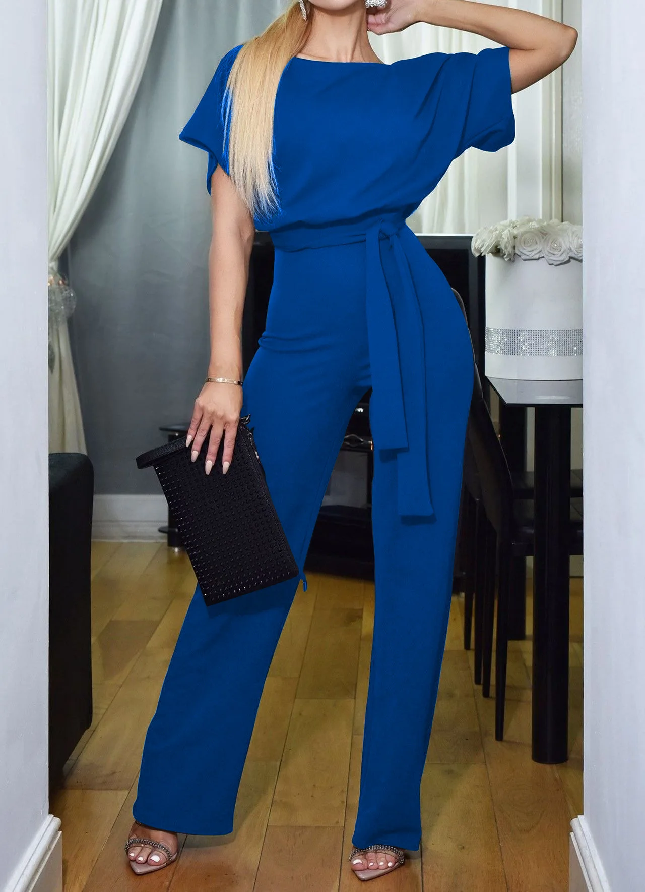 Офисный женский элегантный комбинезон размера плюс, свободный короткий рукав, широкие ноги, длинный, Повседневный, уличная одежда, женские комбинезоны, туника с высокой талией - Цвет: 101034-blue