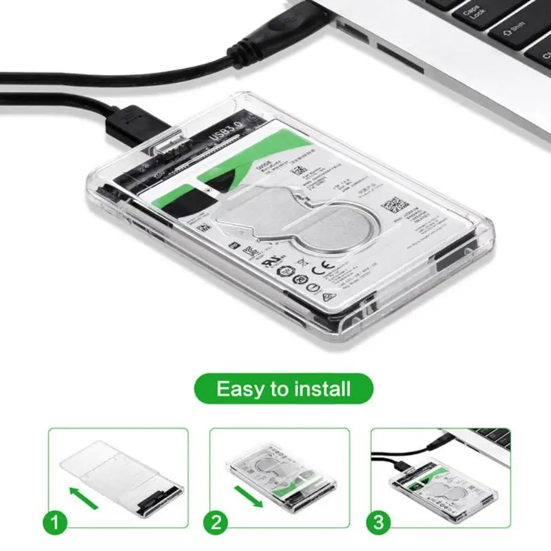 Hard Drive USB 3.0 SATA External 2.5 inch HDD SSD Enclosure Box Transparent Case