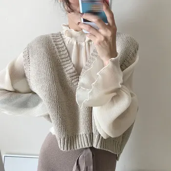 

Spring Autumn Women Korean Chic Vest Loose Short V-neck Knitted Vest Beige Women Clothing One Size