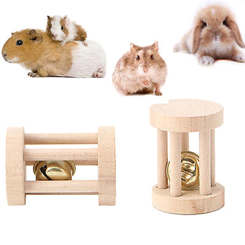 Natural Wooden Small Pet Toys Dumbells Bell Roller Chew Toys For Hamsters Guinea Pigs Rat Rabbits Pet Cute Molars Supplies