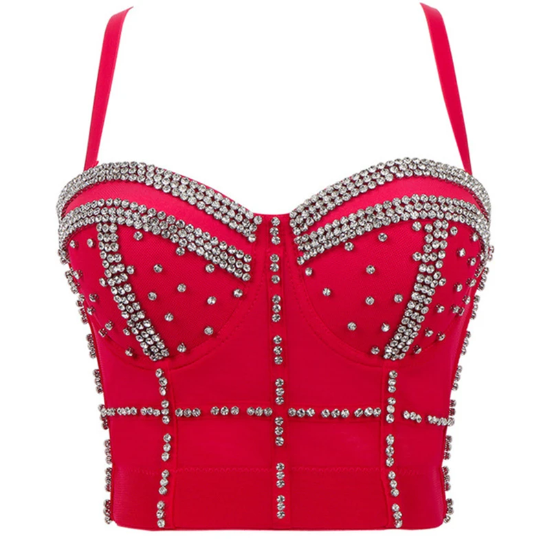 New Women Mesh Camisole Top Beaded Bright Diamonds Fashion Backless Crop Top Bustier Bra Night Club Party Tank Tops