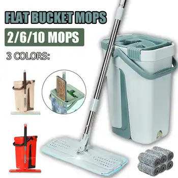 

Flat Squeeze Mop Bucket Hand Free Wringing Stainless Steel Mop Self Wet And Cleaning System Dry Cleaning Microfiber with 10 Pads