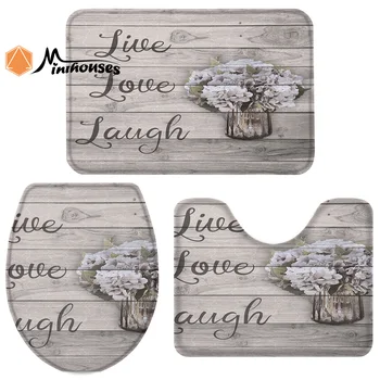 

3 Pieces Bathroom Set Retro Hydrangea Grain Pattern Durable Bath Set Toilet Cover Mat Pedestal Rug Non-Slip Bathroom Rug Set