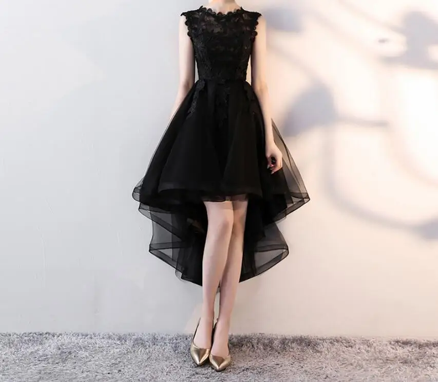 

Retro Black Organza Lace Women's Dress High and Low Ruffle Sexy Perspective Sleeveless Evening Dress