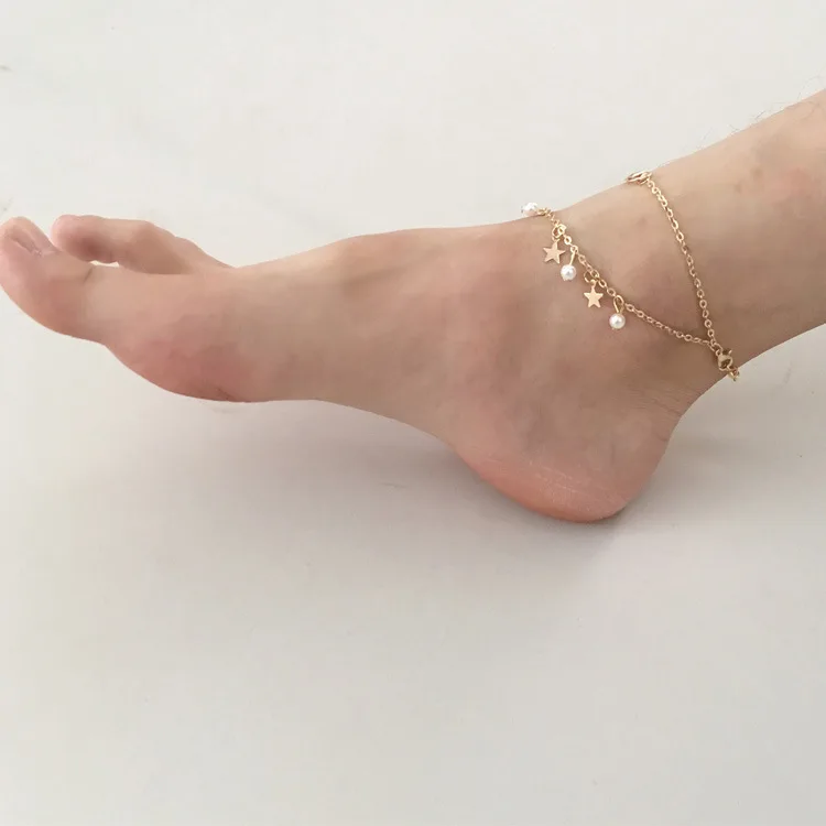 

Golden Personality Tassel Retro Anklet for Women Girls Leg Chain Charm Double Star Pearl Five-pointed Star 8 Word Beach Jewelry
