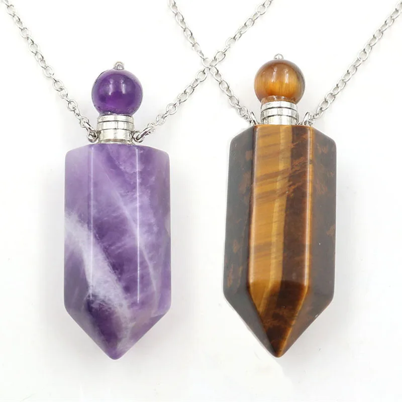 

Natural Gems Stone Necklace Crystal Essential Oil Perfume Bottle Pendant Diffuser Hexagon Prism Pointed Necklace Women Jewelry
