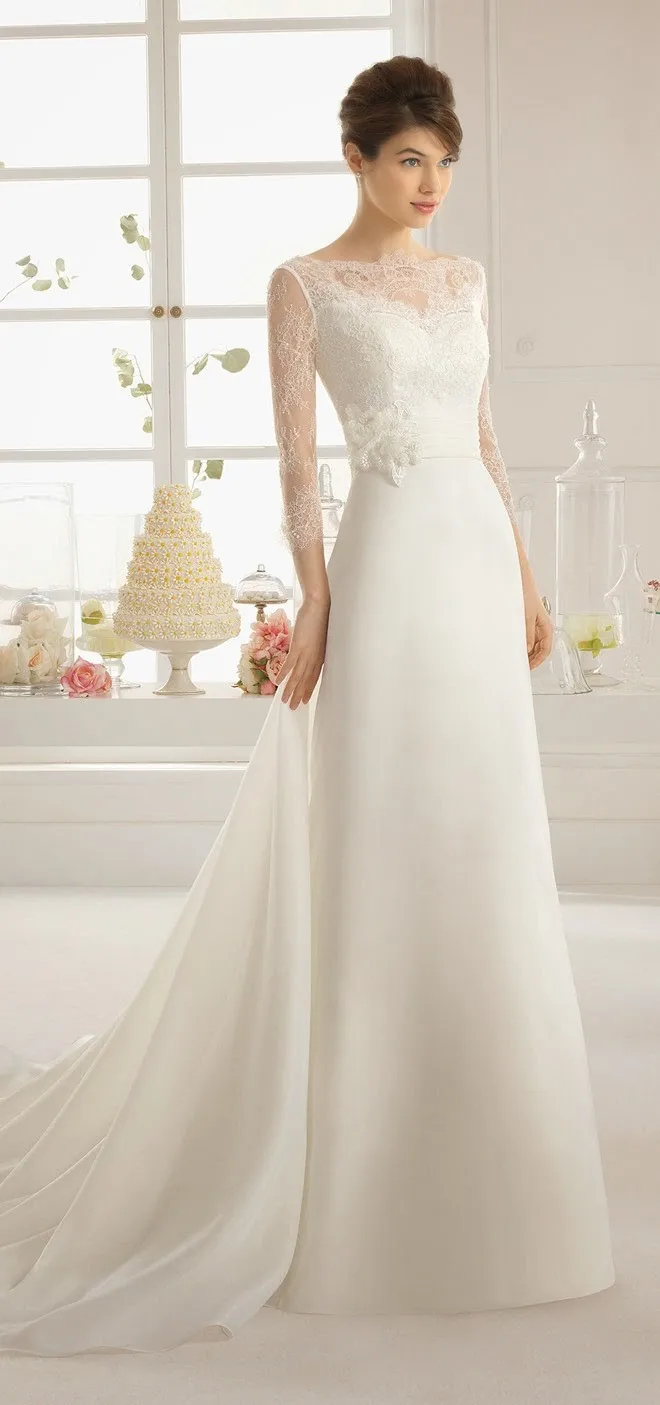 ^Cheap Prachtige Wit/Ivoor Kant Bruidsjurken Hoge Hals Drie Kwart Mouw Floor Lengte Kapel Trein Vestido De Noiva 2015 62012 ^Cheap Prachtige Wit/Ivoor Kant Bruidsjurken Hoge Hals Drie Kwart Mouw Floor Lengte Kapel Trein Vestido De Noiva 2015 62012