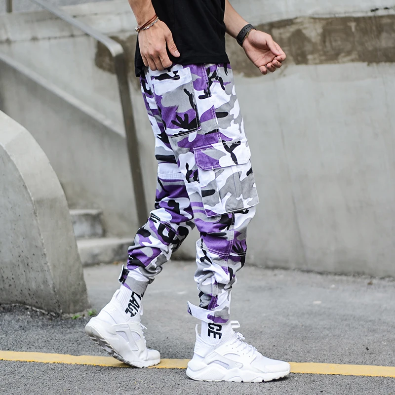 Purple Camouflage Модные уличные мужские брюки для пробежек, свободные брюки карго с большим карманом, мужские шаровары с эластичной талией, камуфляжные штаны в стиле хип-хоп - Цвет: Purple Camouflage