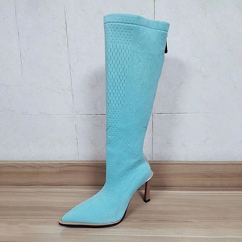 sky blue Стиль подиума; сезон осень-зима; сапоги до колена на тонком высоком каблуке; вязаные высокие сапоги; женская обувь с острым носком; Разноцветные ботиночки - Цвет: sky blue