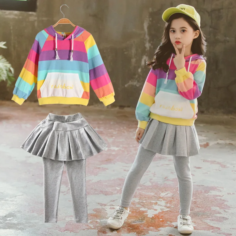 

Childrenswear Girls Rainbow Hoodie Suit 2019 Autumn New Style Big Boy Korean-style chao yang Gas Culottes Two-Piece Set Spring