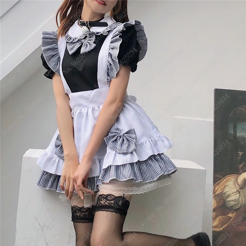 Аниме Kawaii в клетку платье стиле Лолита Сексуальная французская горничная фартук