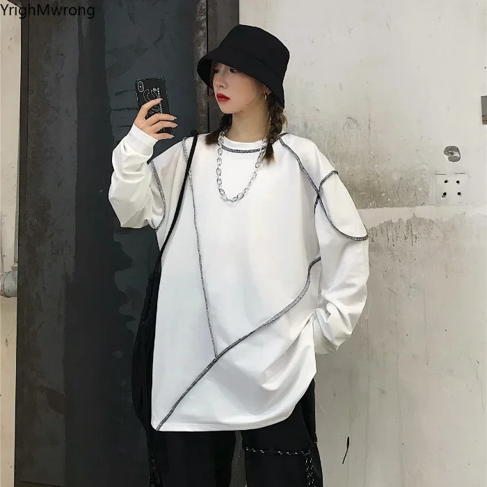 Хип-хоп панк Футболка Топ Harajuku уличная Корейская длинный рукав однотонный графический пуловер свободные негабаритные осень зима