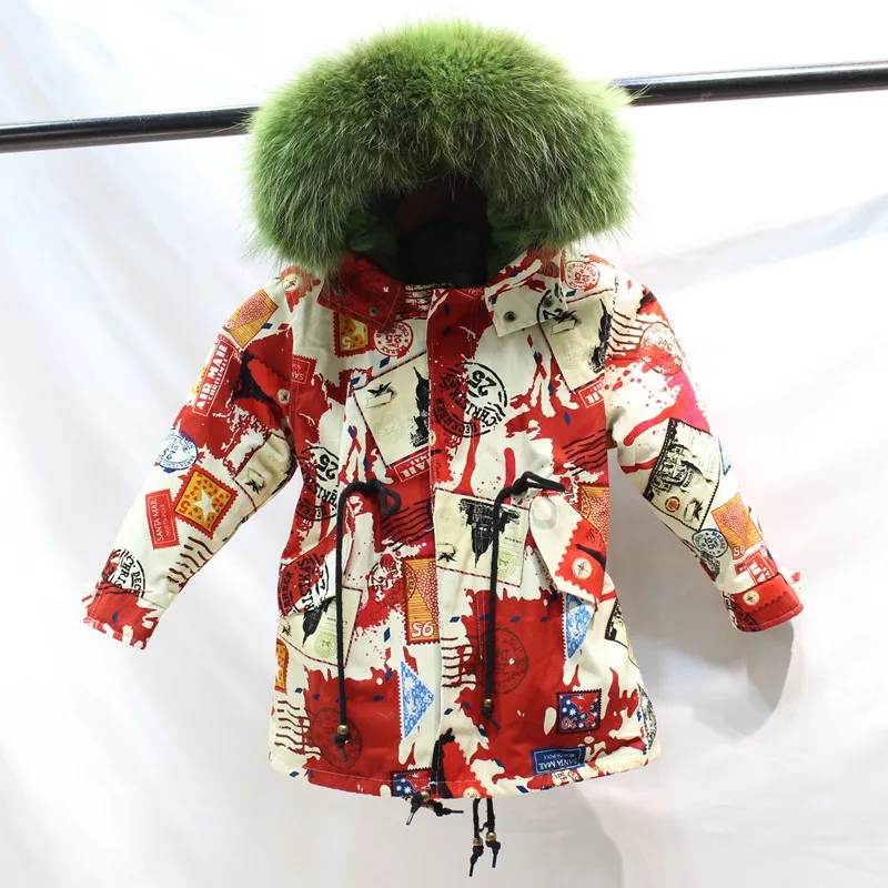 red green fur Одежда для маленьких девочек зимняя куртка с натуральным мехом парка, ветровка для мальчика с большим мехом, пальто с капюшоном для девочек, детские куртки, одежда - Цвет: red green fur
