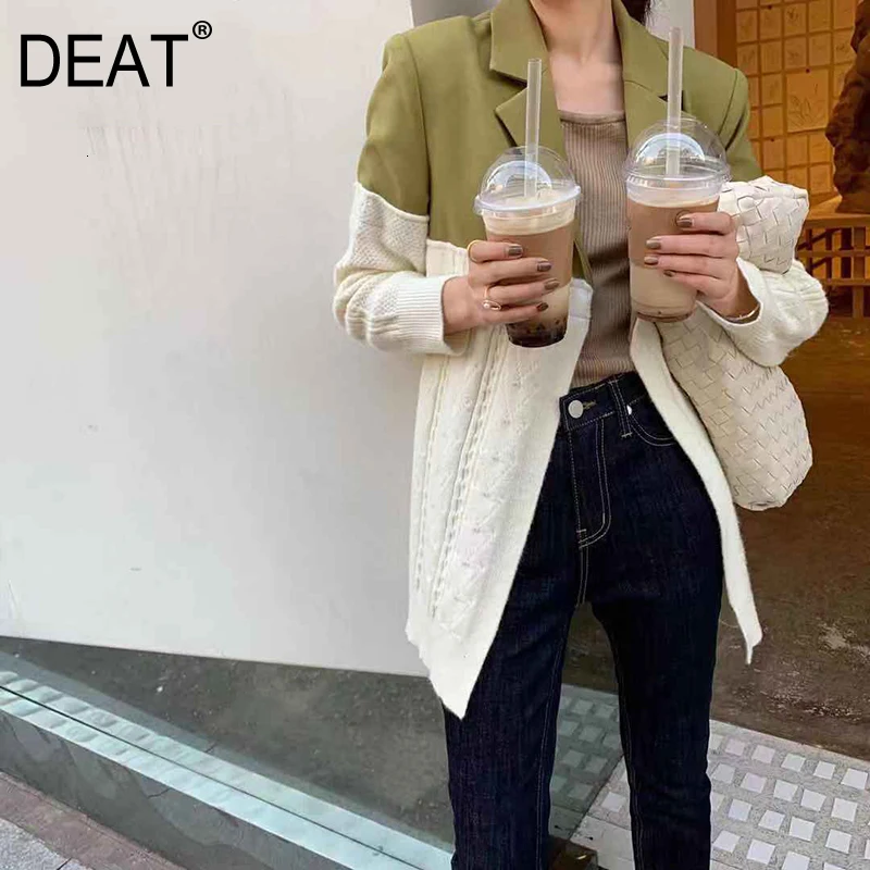 

[DEAT] Loose Fit Spliced Mixed Color Jacket New Lapel Long Sleeve Women Coat Fashion Tide All-match Autumn Winter 2019 19L-a80