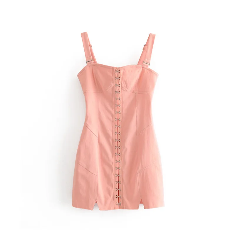 

Europe And America 2019 Summer New Style INS Sweet Slim Fit Pink Buckle Cowboy Sheath Strapped Dress Dress Short Skirt