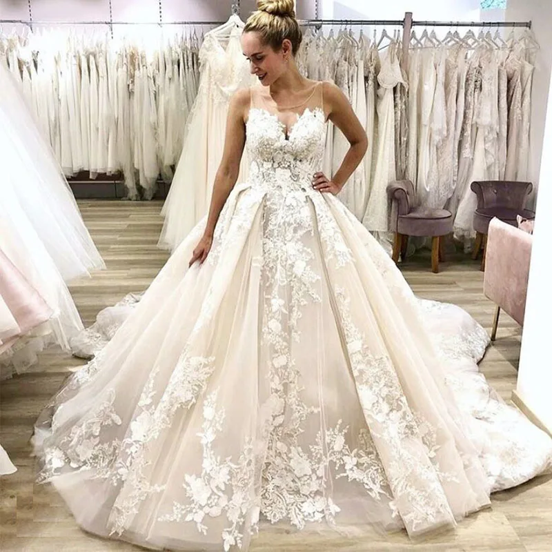 Picture Color Vestidos De Novia Arabic Luxury Wedding Dress Jewel Neck Floral Appliques Cathedral Train Bridal Gown robe de mariee Custom - Цвет: Picture Color