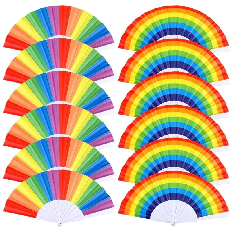 12 Pieces Rainbow Fans Folding Colorful Hand Held Fan Summer Accessory For Party Decoration (Horizontal And | Дом и сад
