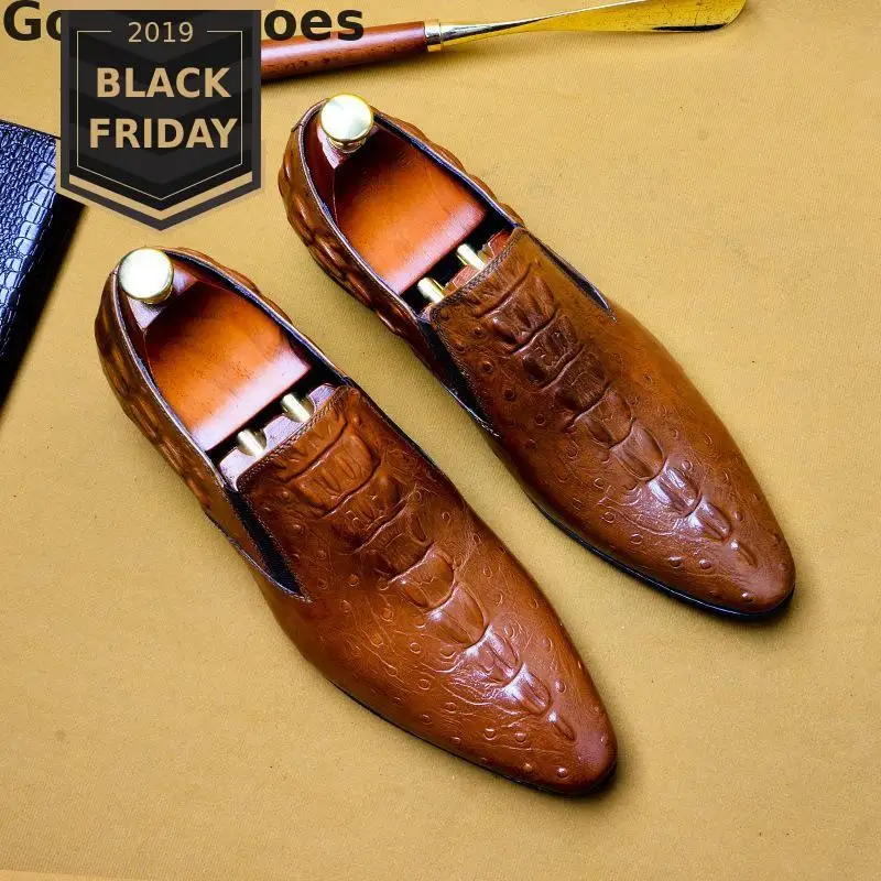 Men Shoes Oxfords Black Brown Genuine Leather Crocodile Printed Slip-on Dress Leather Shoes Formal Business Office Wedding Shoes