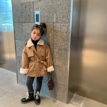 

Winter New Arrival Korean style girl's coat plush windbreaker warm long jacket with fur collar thickened for fashion baby girls
